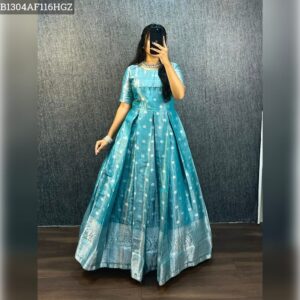 Elegant Erode Silk Gown with Butterfly Net Dupatta Dress - Sky Blue