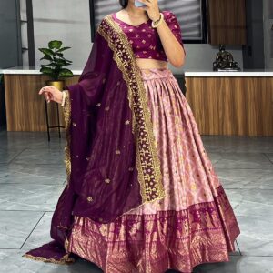 Elegant Tussar Silk Floral Co-Ord Lehenga Set - Maroon