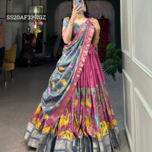 Festive Kalamkari Print Designer Lehenga Choli with Dupatta - Raspberry Pink & Slate Blue