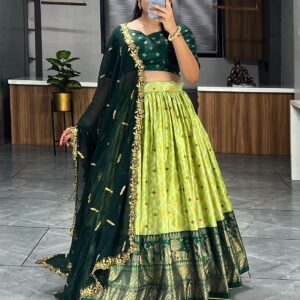 Elegant Tussar Silk Floral Co-Ord Lehenga Set - Green