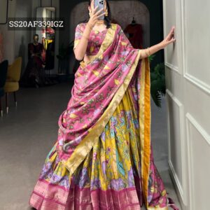 Festive Kalamkari Print Designer Lehenga Choli with Dupatta - Yellow & Pink