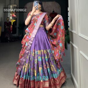 Festive Kalamkari Print Designer Lehenga Choli with Dupatta - Deep Violet & Crimson Rose