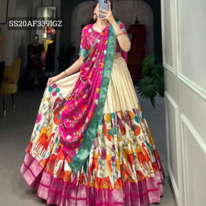 Festive Kalamkari Print Designer Lehenga Choli with Dupatta - Beige & Pink