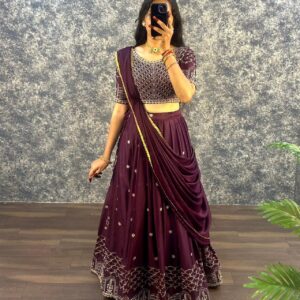Georgette Wedding Lehenga with Sequins & Thread Embroidery - Dark Wine Red