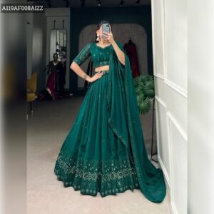 Georgette Wedding Lehenga with Sequins & Thread Embroidery - Emerald Teal