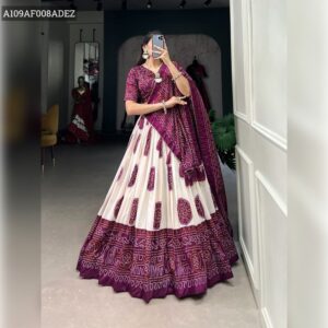 Tussar Purple and White Lehenga Choli with Bandhej Print