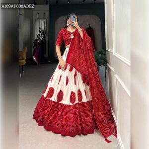 Tussar Red and White Lehenga Choli with Bandhej Print