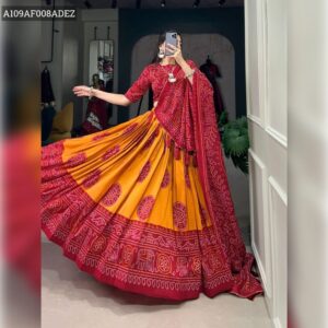 Tussar Red and Mustard Yellow Lehenga Choli with Bandhej Print