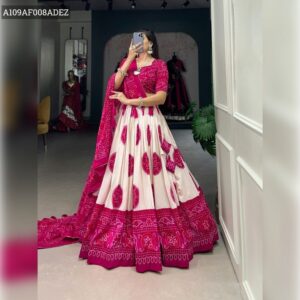Tussar Pink and White Lehenga Choli with Bandhej Print