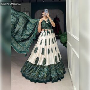 Tussar Green and White Lehenga Choli with Bandhej Print
