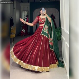 Chanderi Gota Patti Lehenga Choli with Zari & Sequins Work - Maroon & Green