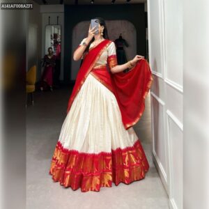 Kalyani Cotton Lehenga Choli with Zari Weaving & Georgette Dupatta - Red