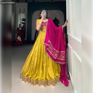 Chanderi Gota Patti Lehenga Choli with Zari & Sequins Work - Yellow & Pink