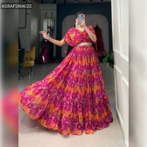 Floral Chiffon Co-ord Set with Pearl Touch Stitched Lehenga & Blouse - Floral Pink