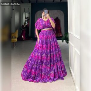 Floral Chiffon Co-ord Set with Pearl Touch Stitched Lehenga & Blouse - Floral Purple