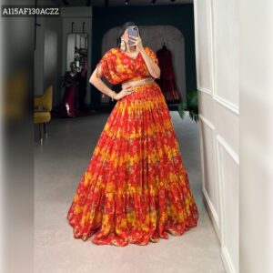 Floral Chiffon Co-ord Set with Pearl Touch Stitched Lehenga & Blouse - Floral Red