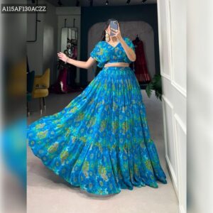 Floral Chiffon Co-ord Set with Pearl Touch Stitched Lehenga & Blouse - Floral Cyan Blue