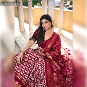 Opulent Tussar Silk Lehenga Choli with Ikkat Print & Foil Work – Scarlet Red