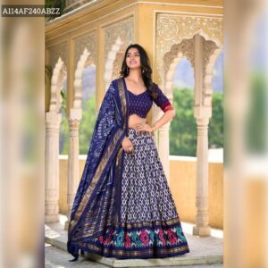 Opulent Tussar Silk Lehenga Choli with Ikkat Print & Foil Work – Royal Blue