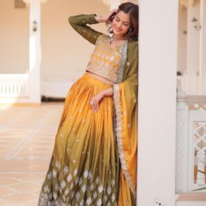 Embroidered Pure Chinon Lehenga Choli with Dupatta - Yellow