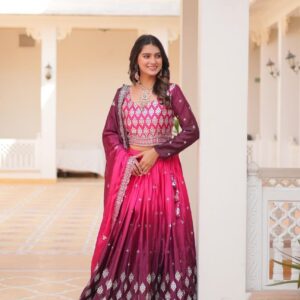 Embroidered Pure Chinon Lehenga Choli with Dupatta - Pink