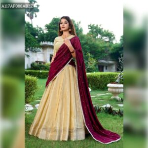Kanchipuram Zari Weaving Lehenga with Vichitra Silk Dupatta - Light Beige