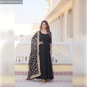 Stunning Faux Blooming Gown with Embroidered Sequins Dupatta - Black