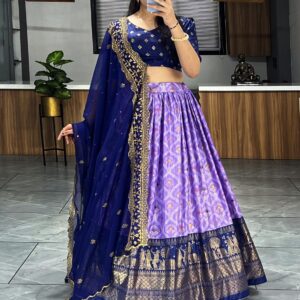 Elegant Tussar Silk Floral Co-Ord Lehenga Set - Blue & Light Purple